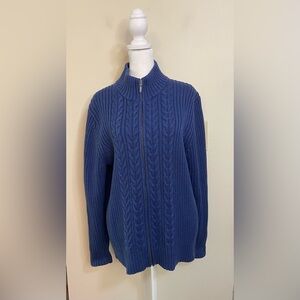 Lands’End Chunky Cable Knit Sweater Cardigan Zip Close Cotton Navy Sz M 10-12